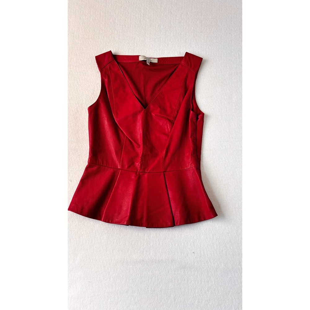 Robert Rodriguez Red Leather Peplum V-Neck Sleeveless Top Vest Biker Size 4